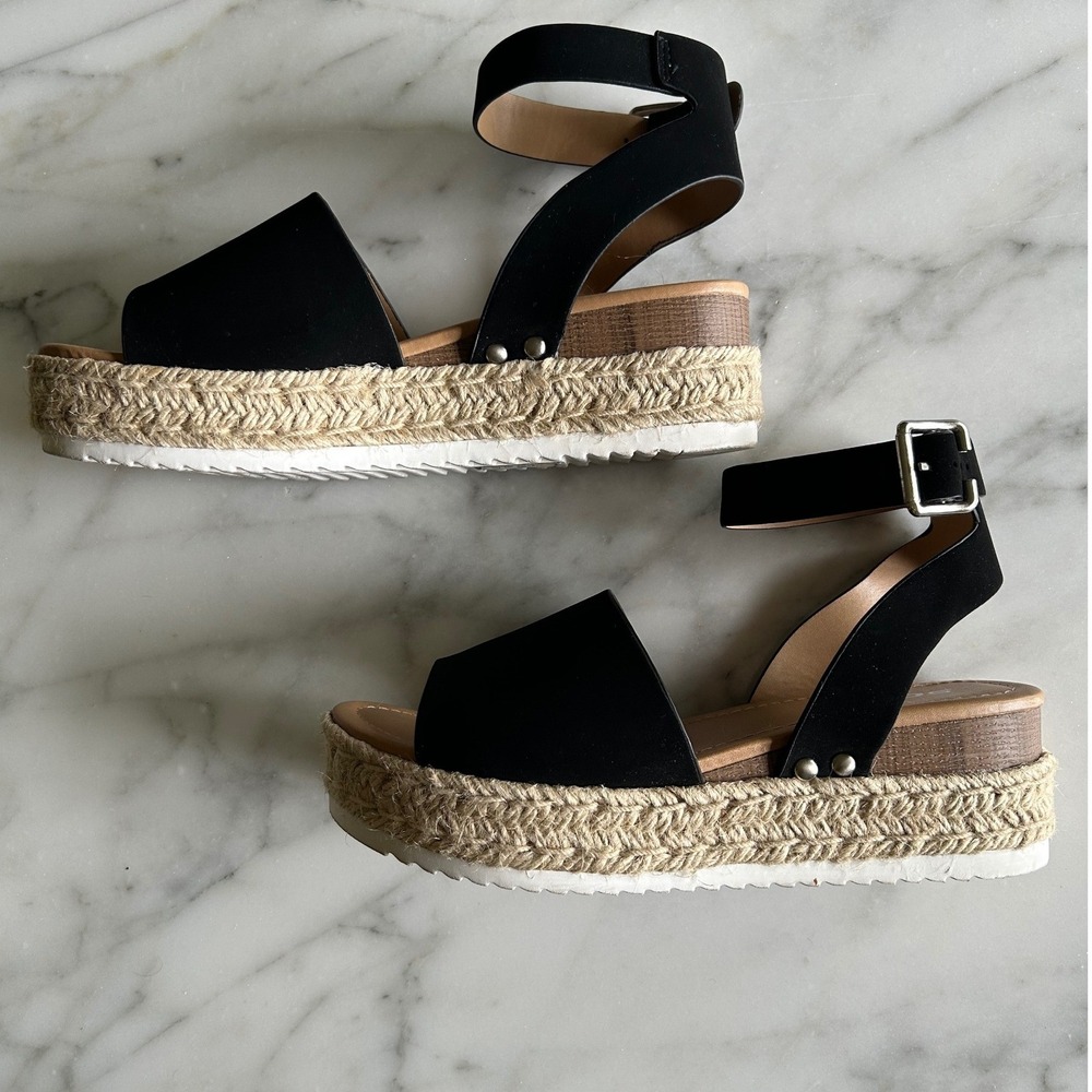 Soda Womens Black Espadrille Platform Sandals Ankle Strap Wedge Open Toe 7.5